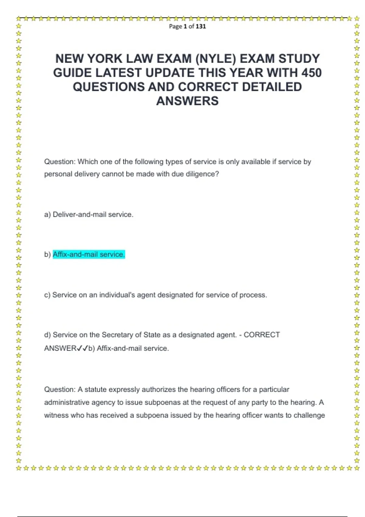NEW YORK LAW EXAM (NYLE) EXAM STUDY GUIDE LATEST UPDATE THIS YEAR WITH 450 QUESTIONS AND CORRECT ...