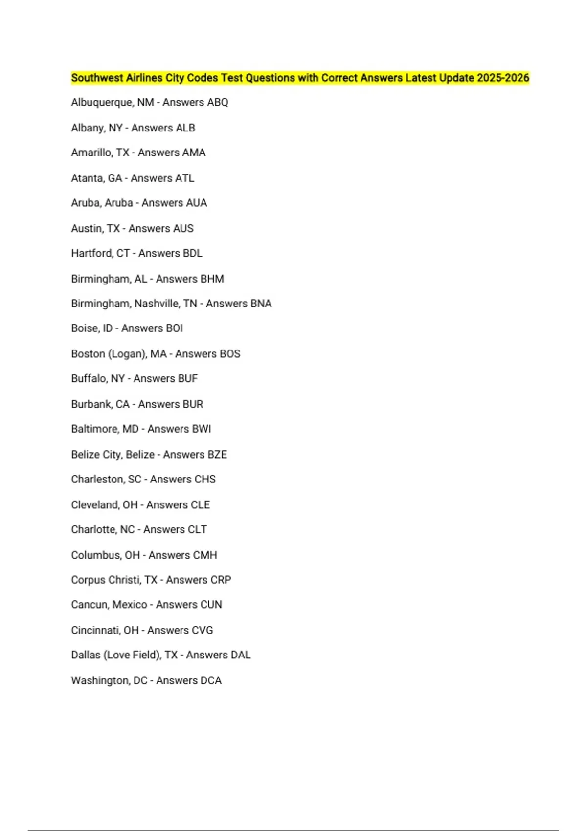 Southwest Airlines City Codes Test Questions with Correct Answers
