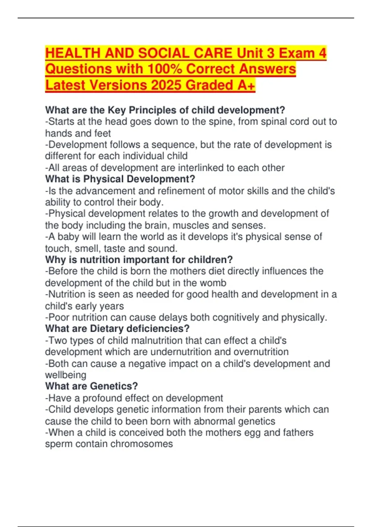 HEALTH AND SOCIAL CARE Unit 3 Exam 4 Questions and Answers Latest ...