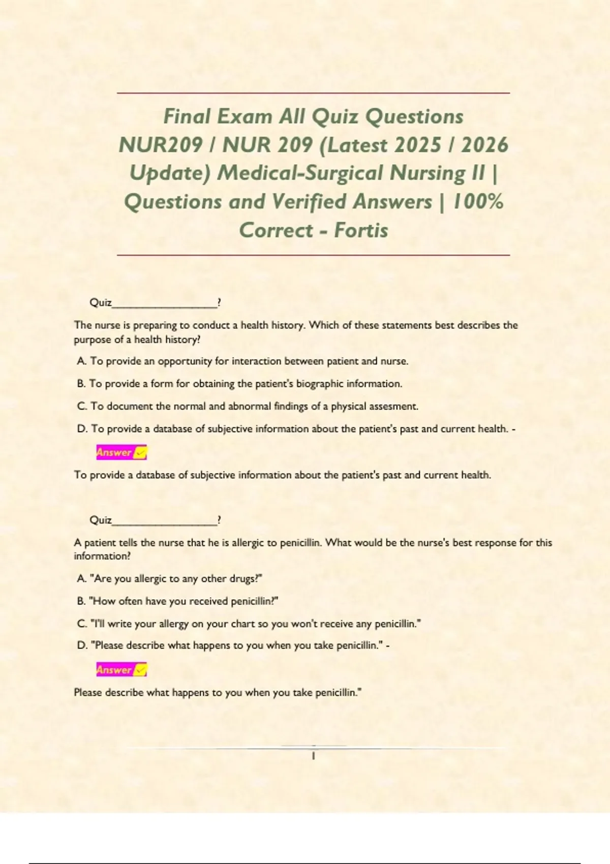 Final Exam All Quiz Questions NUR209 / NUR 209 (Latest 2025 / 2026 ...