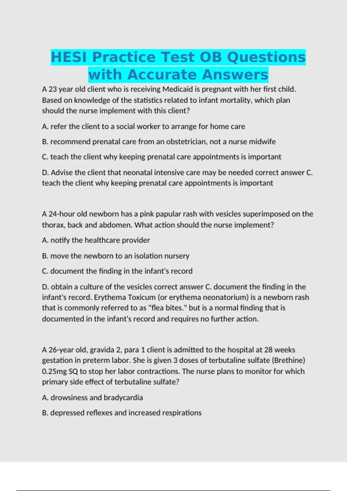 HESI Practice Test OB Questions with Accurate Answers - Ob - Stuvia US