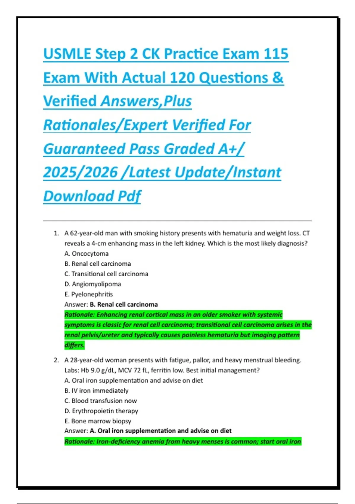 Step 2 Questions USMLE Step 2 CK Practice Exam 115 Exam With Actual 120 Questions ...