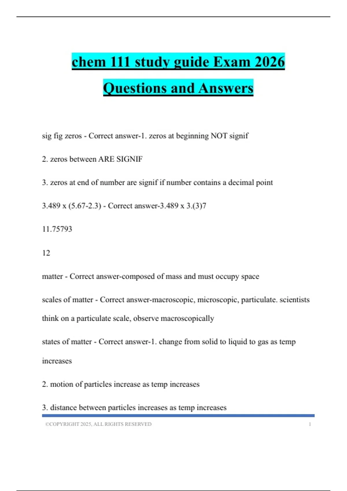 chem 111 study guide Exam 2026 Questions and Answers - Chem 111 - Stuvia US