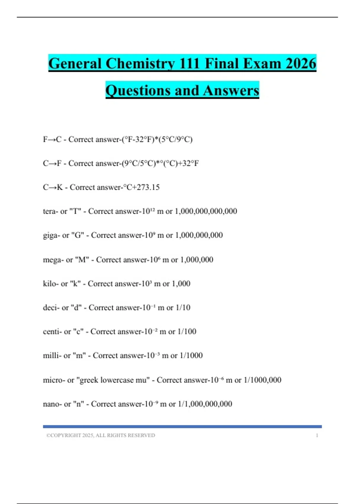 General Chemistry 111 Final Exam 2026 Questions and Answers - Chem 111 ...