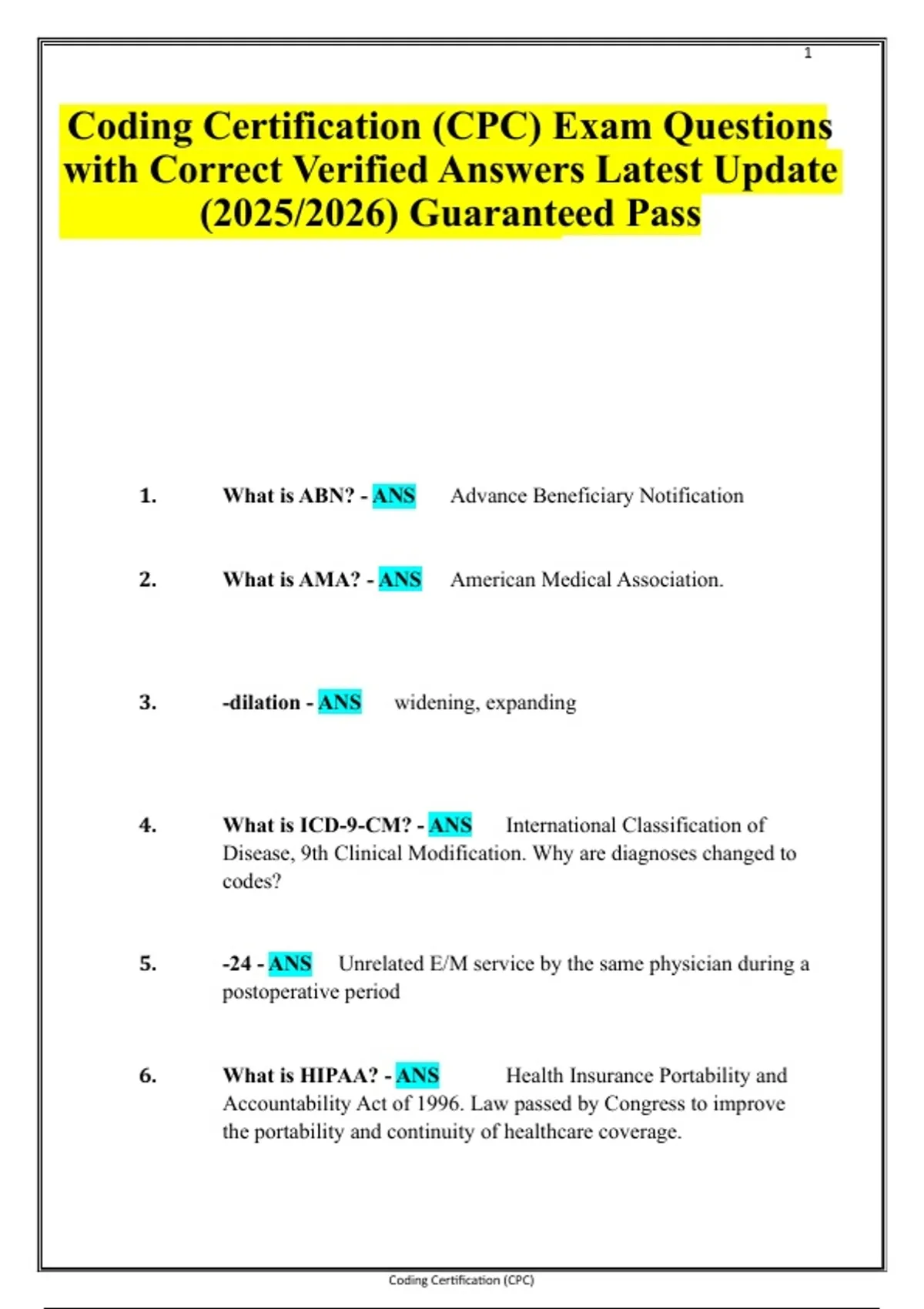 Coding Certification (CPC) Exam Questions with Correct Verified Answers ...