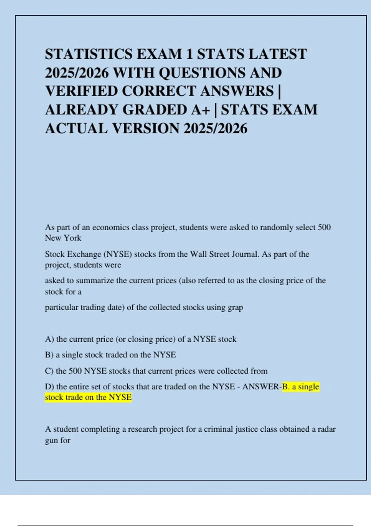 STATISTICS EXAM 1 STATS LATEST 2025/2026 WITH QUESTIONS AND VERIFIED ...
