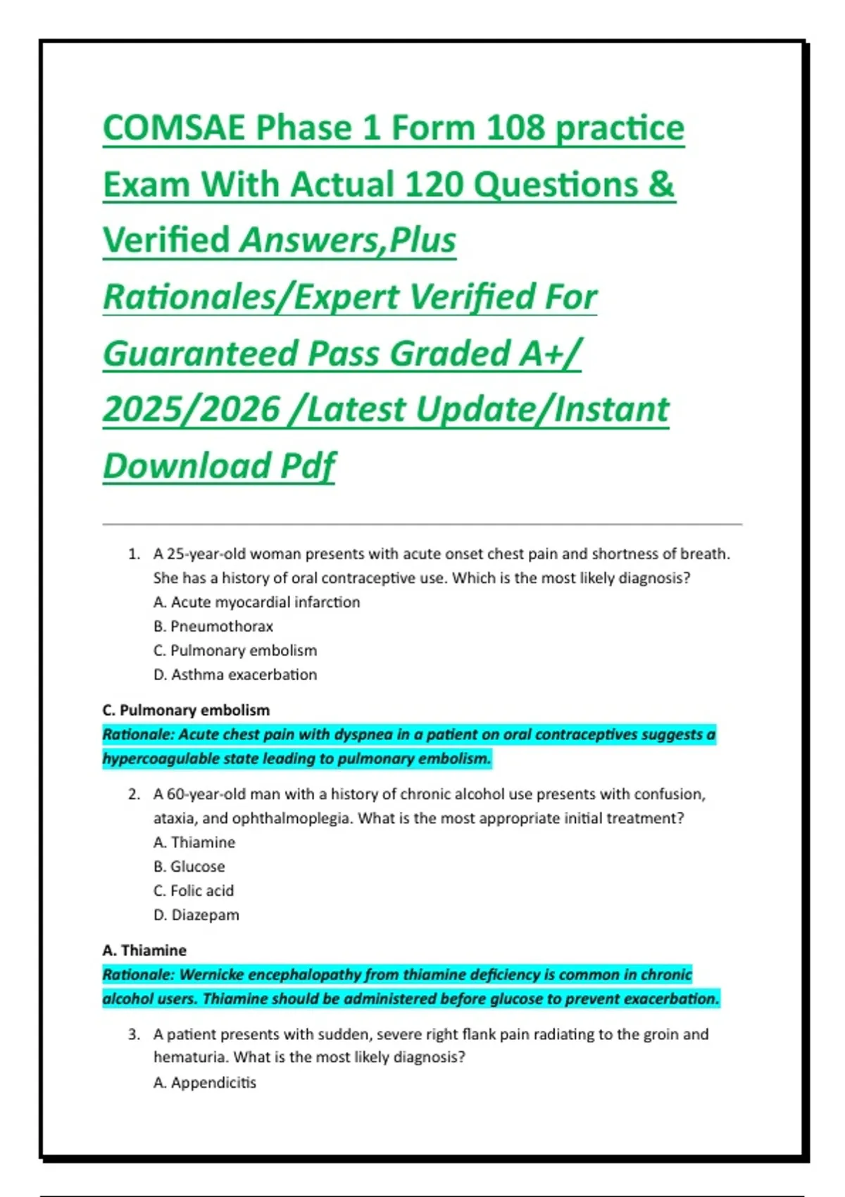 Phase 108 COMSAE Phase 1 Form 108 practice Exam With Actual 120 Questions ...