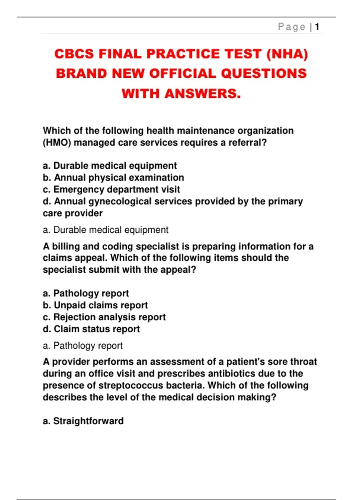 CBCS FINAL PRACTICE TEST (NHA) BRAND NEW OFFICIAL QUESTIONS WITH ...