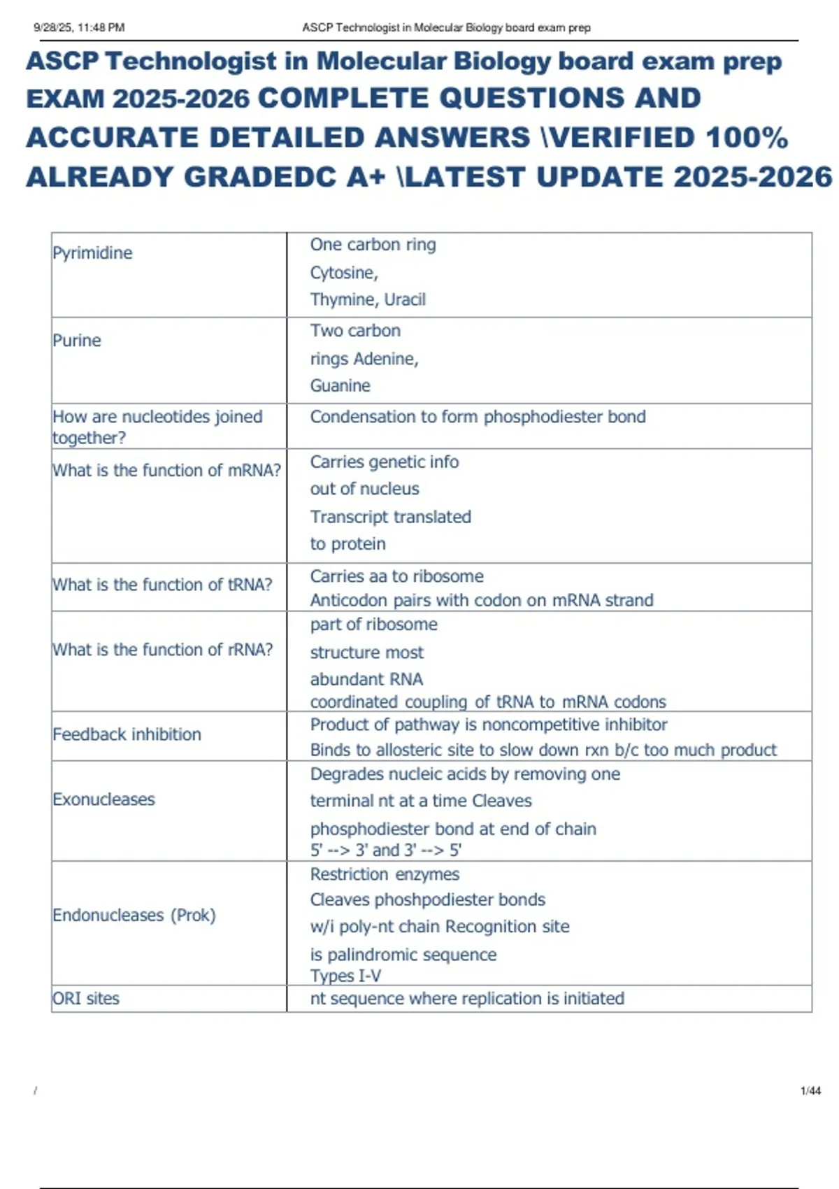 ASCP Technologist in Molecular Biology board exam prep EXAM COMPLETE QUESTIONS AND ACCURATE ...