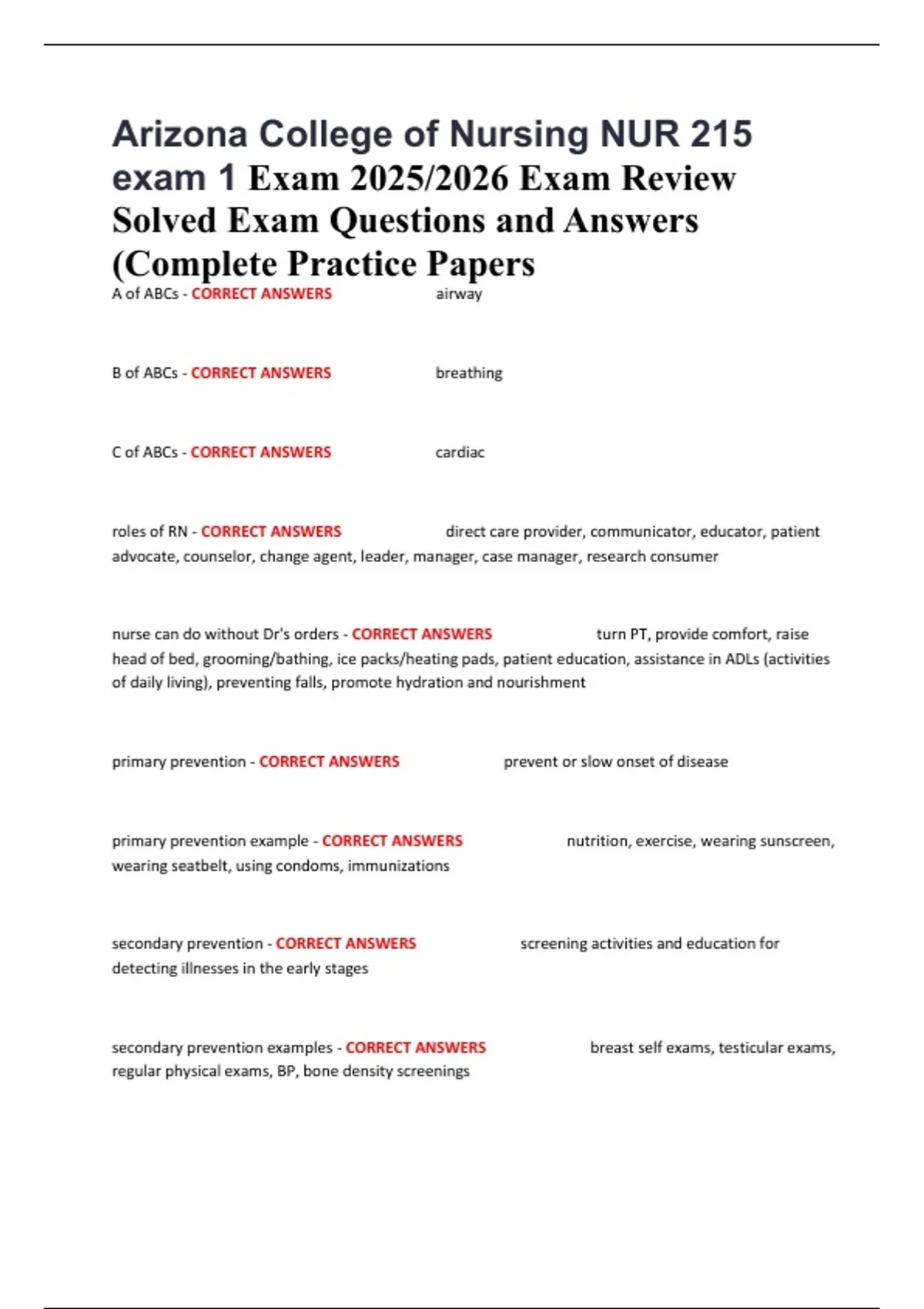 Summary Arizona College of Nursing NUR 215 exam 1 Exam 2025/2026 Exam ...