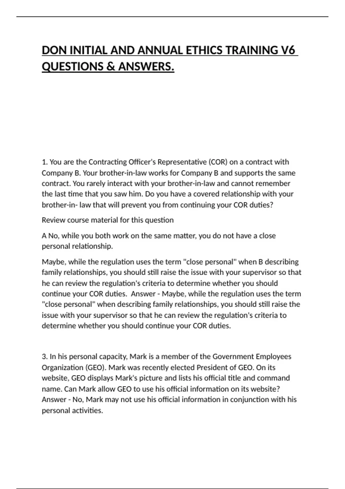 DON INITIAL AND ANNUAL ETHICS TRAINING V6 QUESTIONS & ANSWERS. - DON ...