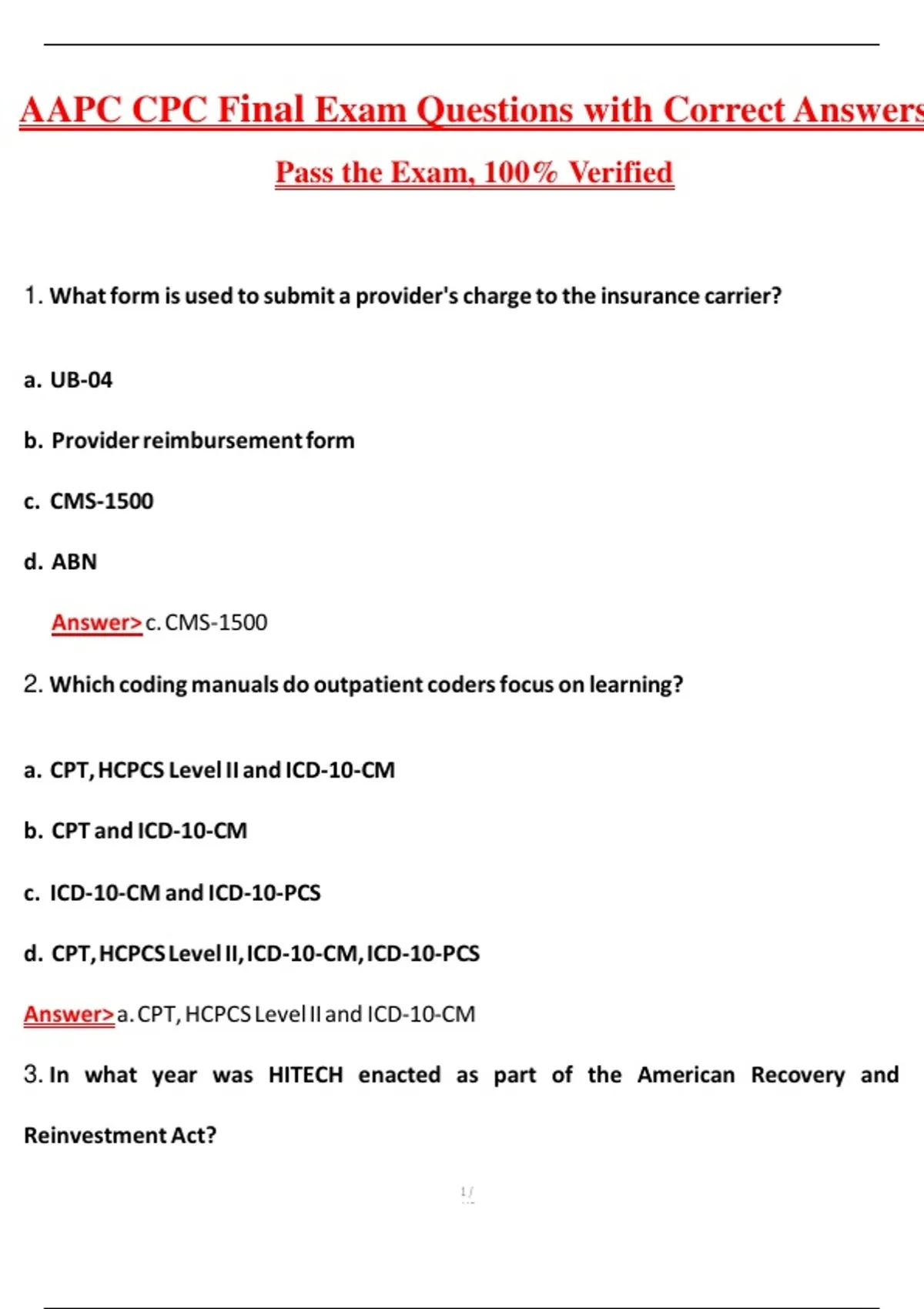 AAPC CPC Final Exam (Latest 2026/2027 Update) Complete Questions and ...