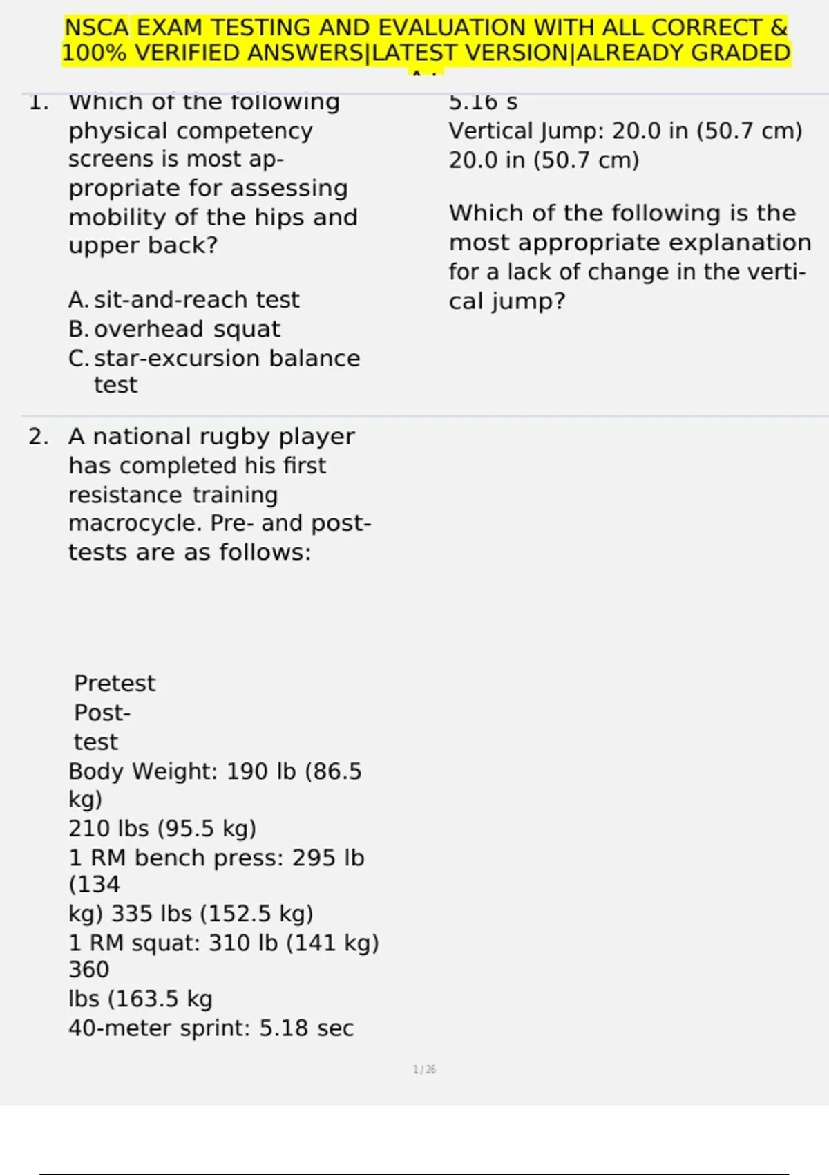 Nsc Testing NSCA EXAM TESTING AND EVALUATION WITH ALL CORRECT & 100% VERIFIED ...