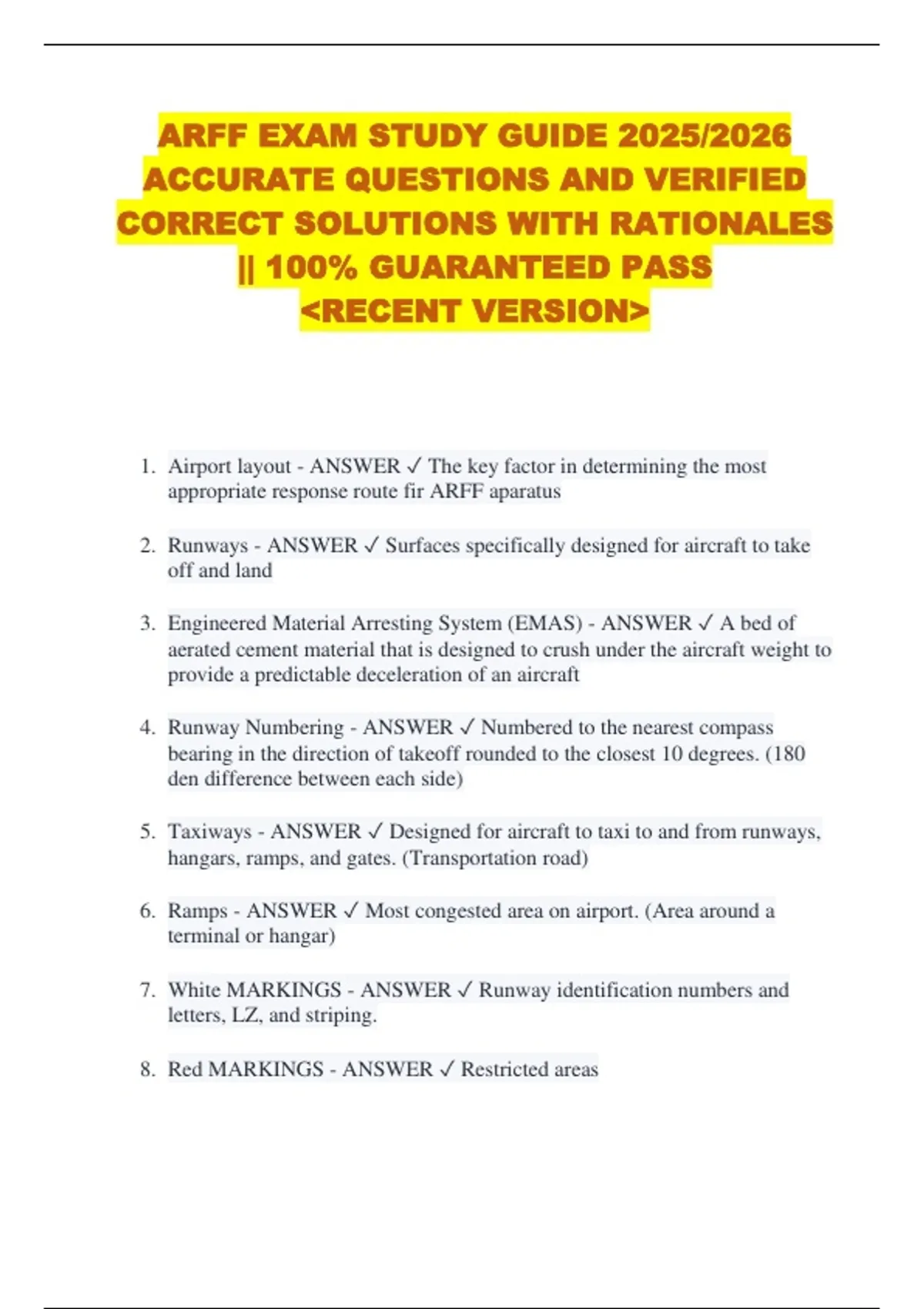 ARFF EXAM STUDY GUIDE 2025/2026 ACCURATE QUESTIONS AND VERIFIED CORRECT ...