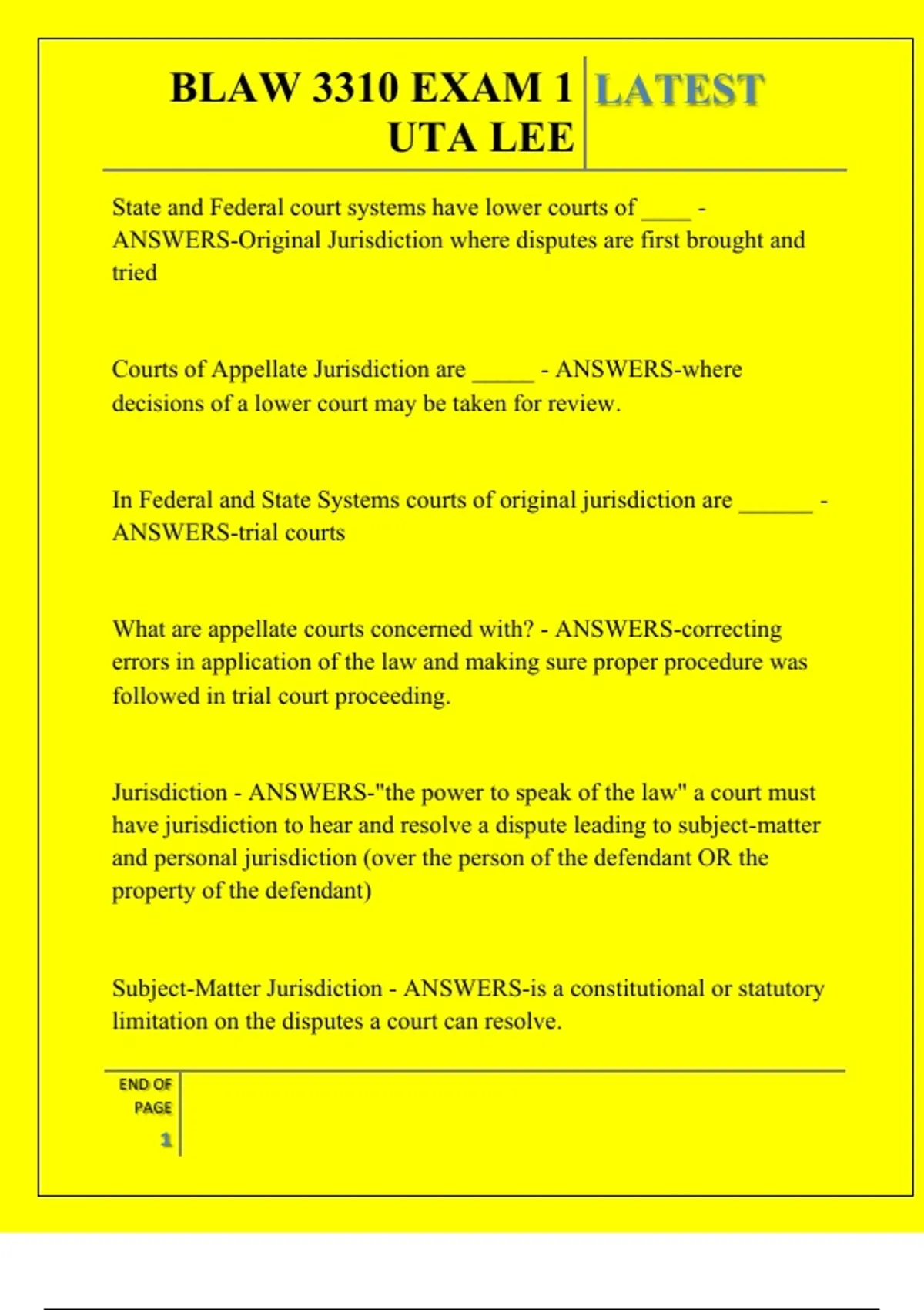 BLAW 3310 EXAM 1 UTA LEE QUESTIONS AND ANSWERS 2025 - BLAW 3310 - Stuvia US