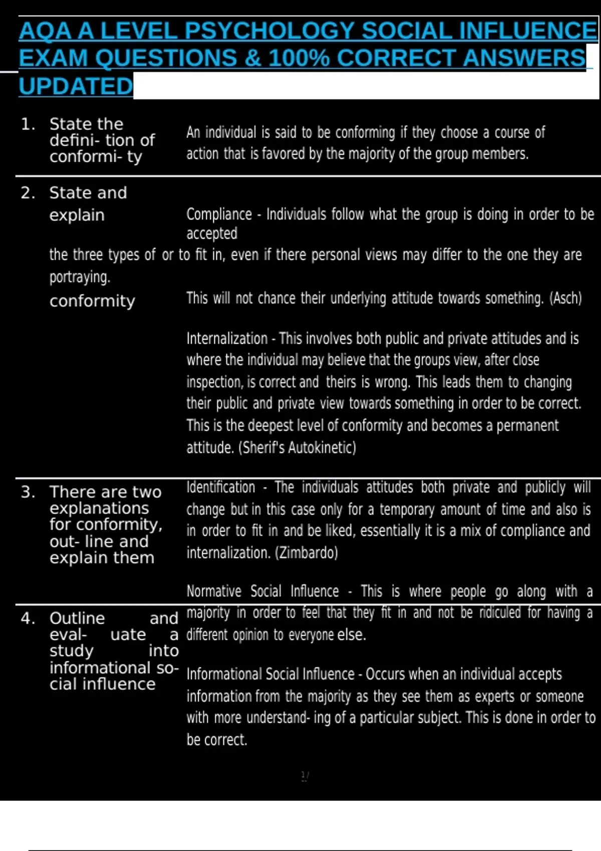 AQA A LEVEL PSYCHOLOGY SOCIAL INFLUENCE EXAM QUESTIONS & 100% CORRECT ...