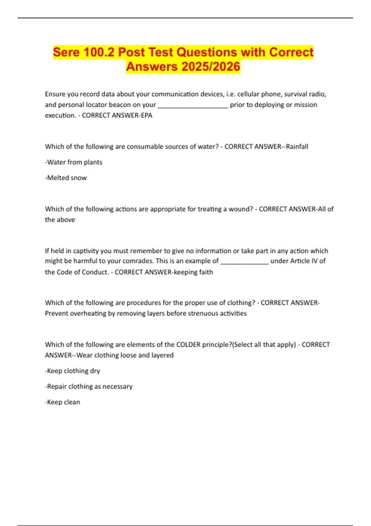 Sere 100.2 Post Test Questions with Correct Answers 2025/2026 - SERE 100.2 - Stuvia US