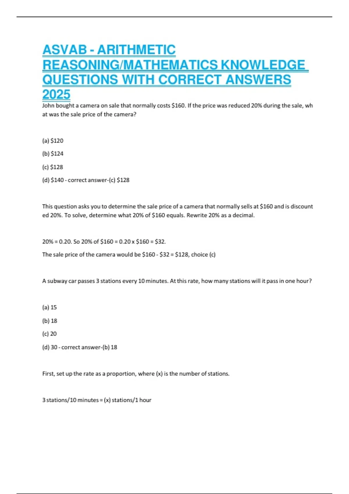 ASVAB - ARITHMETIC REASONING/MATHEMATICS KNOWLEDGE QUESTIONS WITH ...
