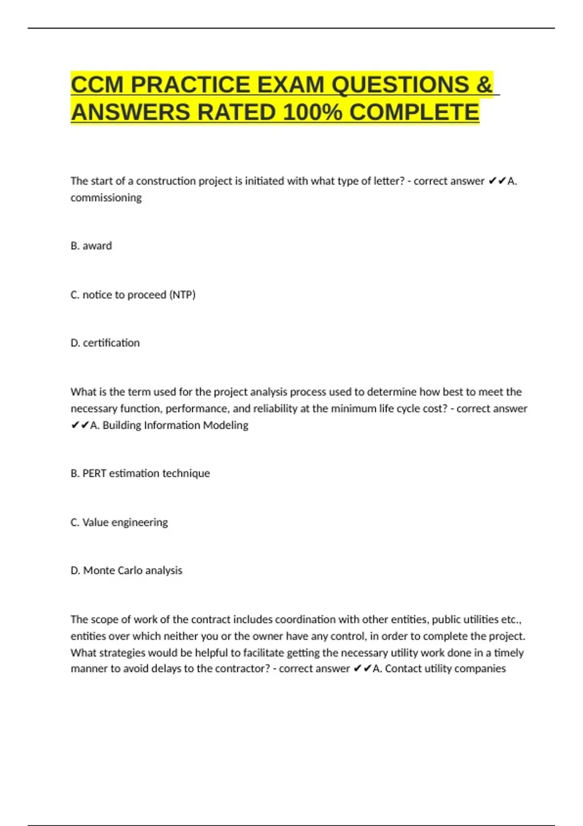 CCM PRACTICE EXAM QUESTIONS & ANSWERS RATED 100% COMPLETE - CCM ...