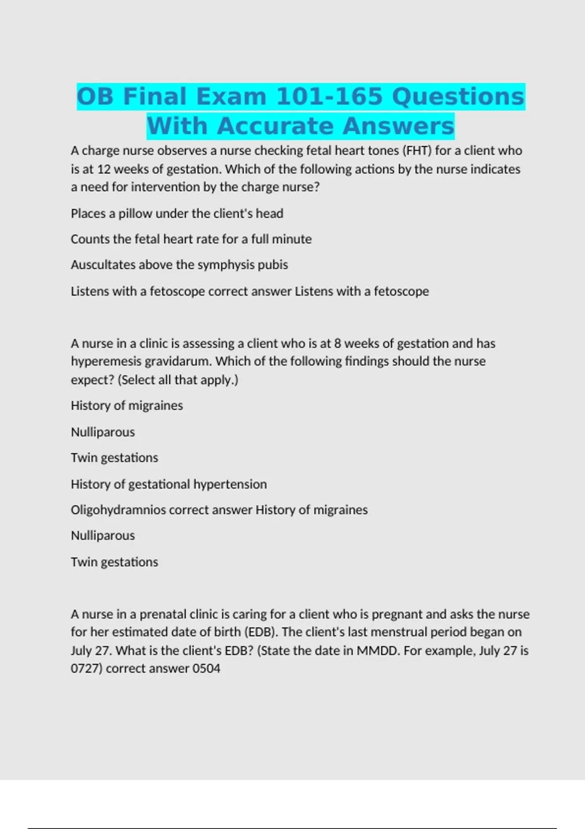 OB Final Exam 101-165 Questions With Accurate Answers - Ob - Stuvia US