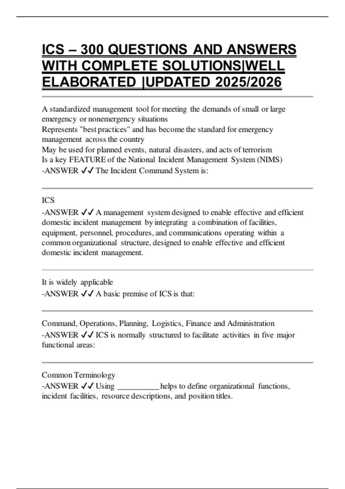 ICS – 300 QUESTIONS AND ANSWERS WITH COMPLETE SOLUTIONS|WELL ELABORATED ...