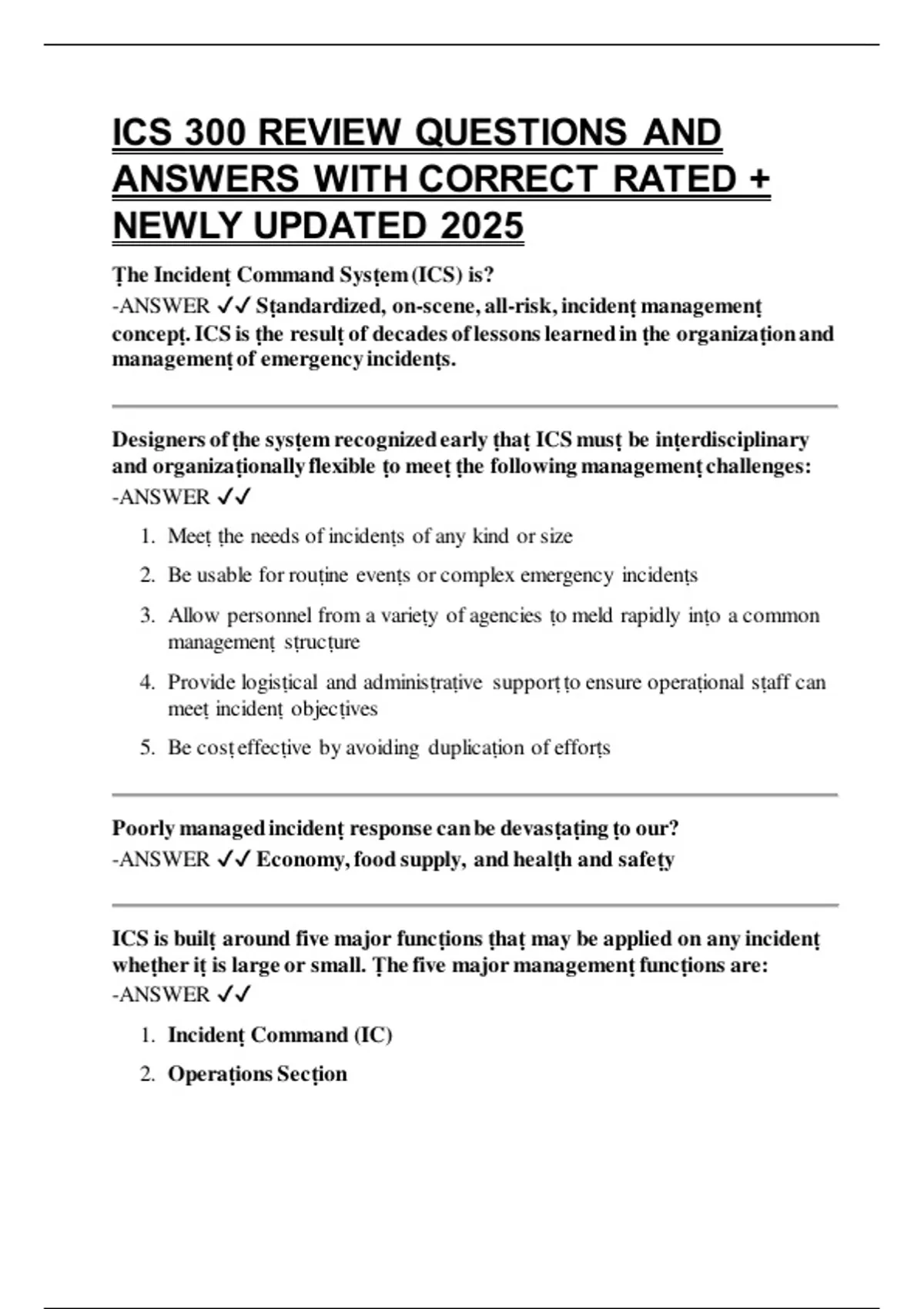 ICS 300 REVIEW QUESTIONS AND ANSWERS WITH CORRECT RATED + NEWLY UPDATED ...
