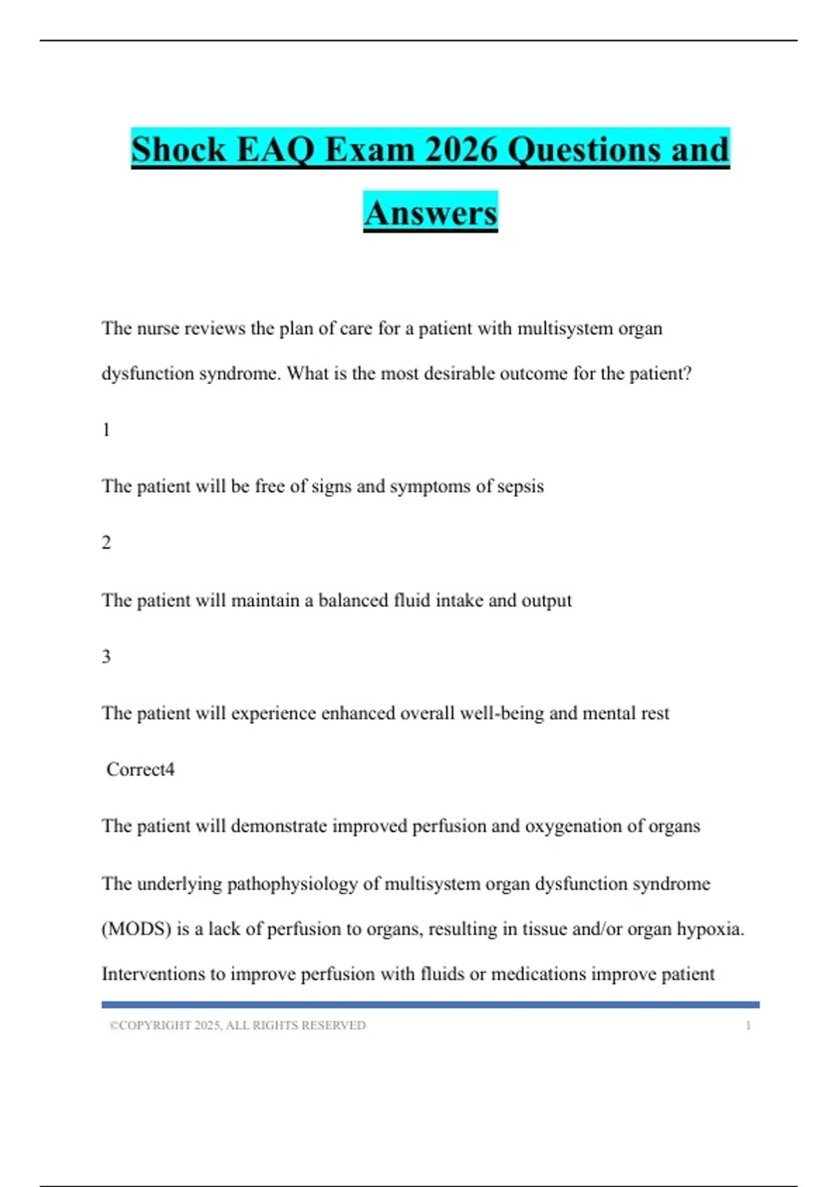 Shock EAQ Exam 2026 Questions and Answers - Sharpath EAQ - Stuvia US