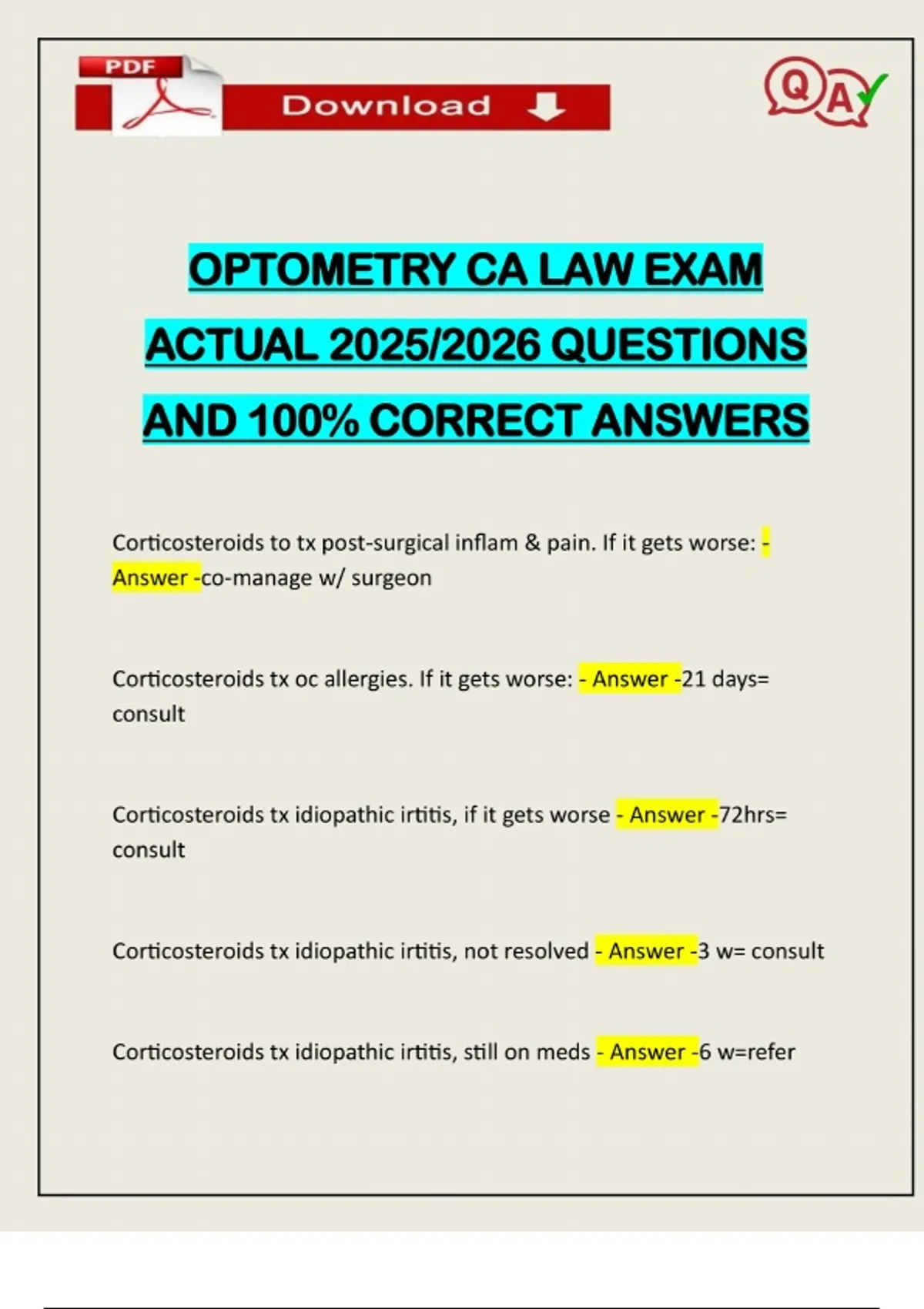 Optometry Related Questions OPTOMETRY CA LAW EXAM ACTUAL 2025/2026 QUESTIONS AND 100% CORRECT ...