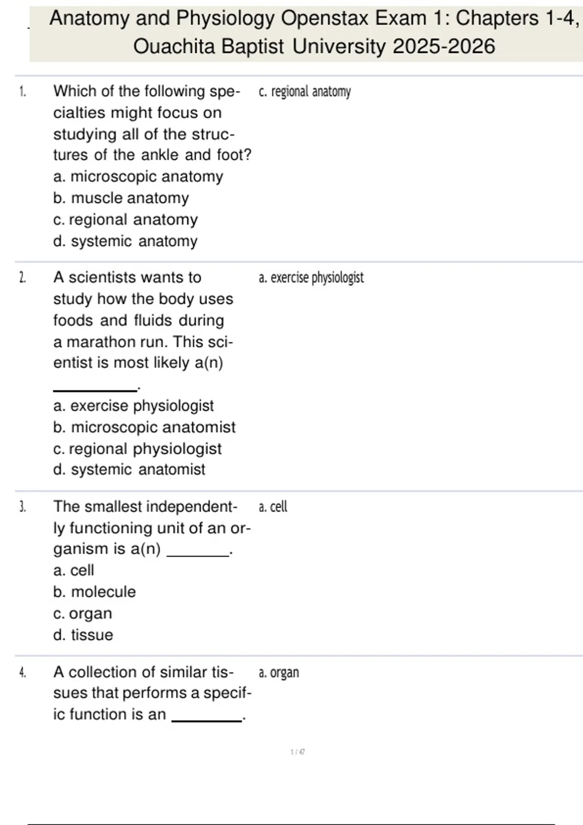 Anatomy and Physiology Openstax Exam 1: Chapters 1-4, Ouachita Baptist ...
