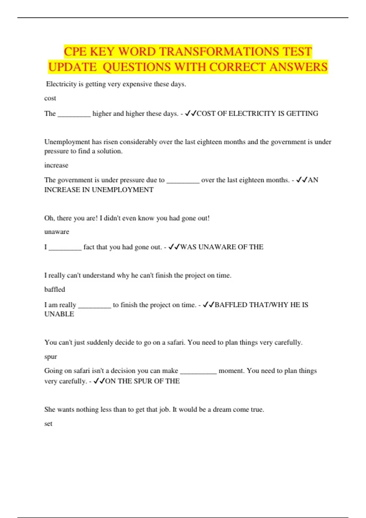 CPE KEY WORD TRANSFORMATIONS TEST UPDATE QUESTIONS WITH CORRECT ANSWERS ...