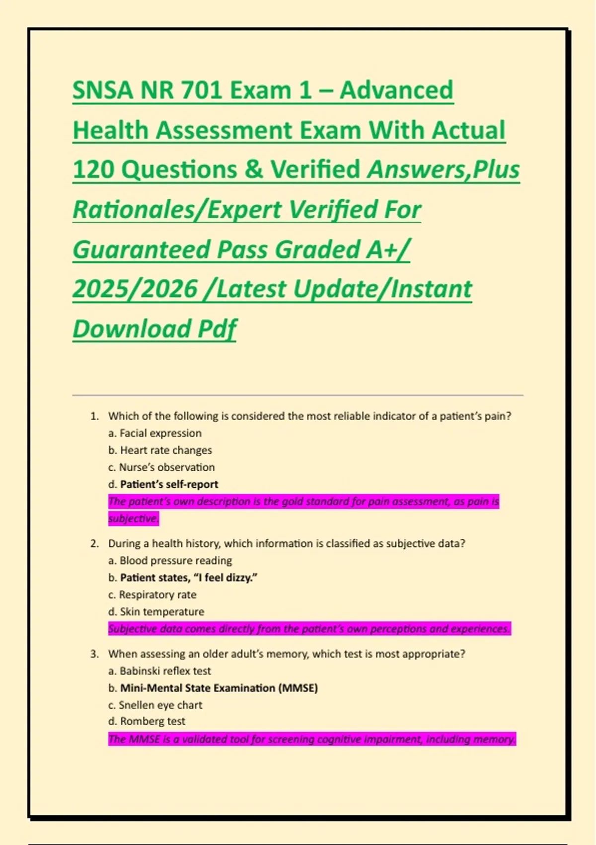 Snsa Numbers Examples SNSA NR 701 Exam 1 – Advanced Health Assessment Exam With Actual 120 ...