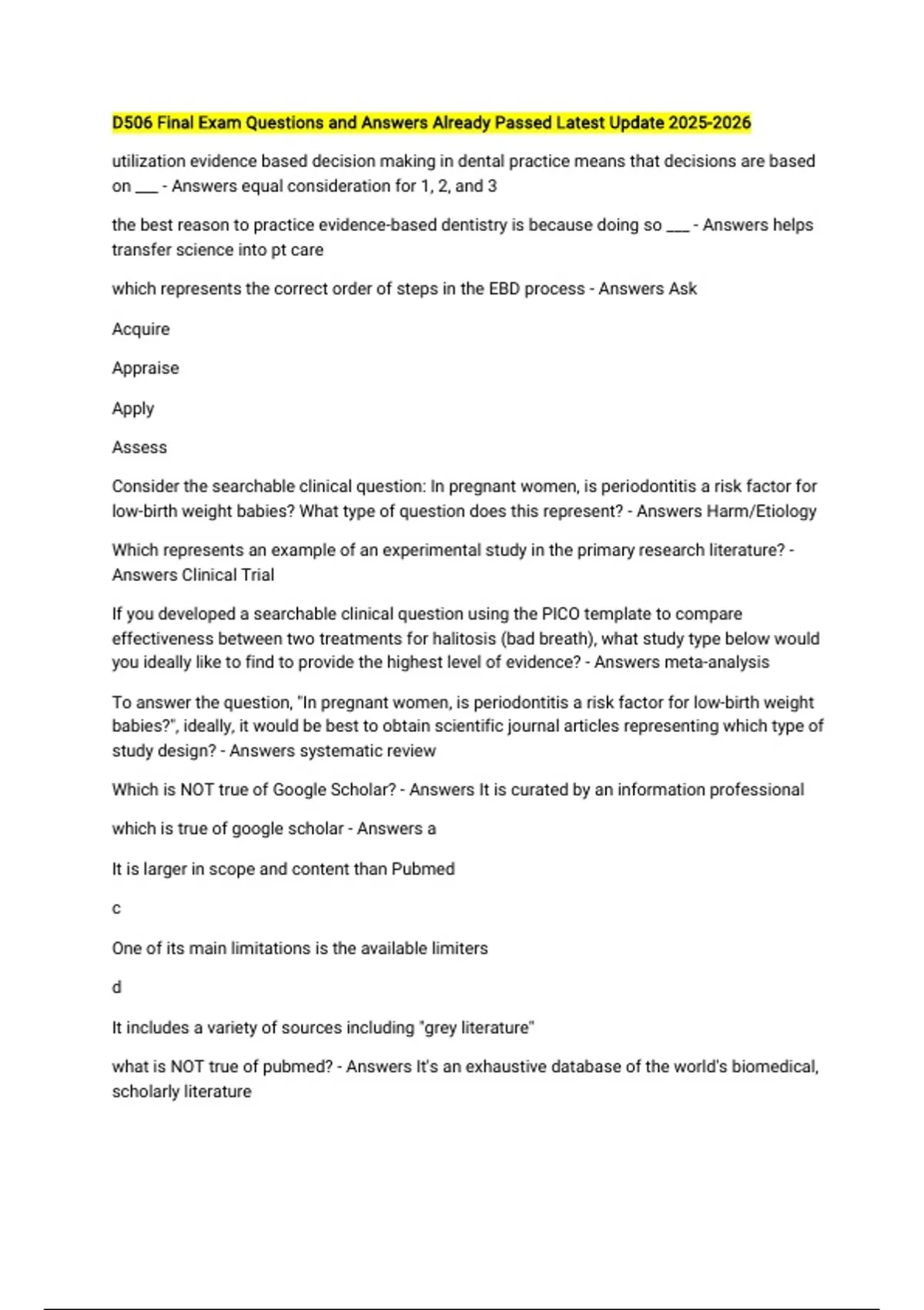 D506 Final Exam Questions and Answers Already Passed Latest Update ...