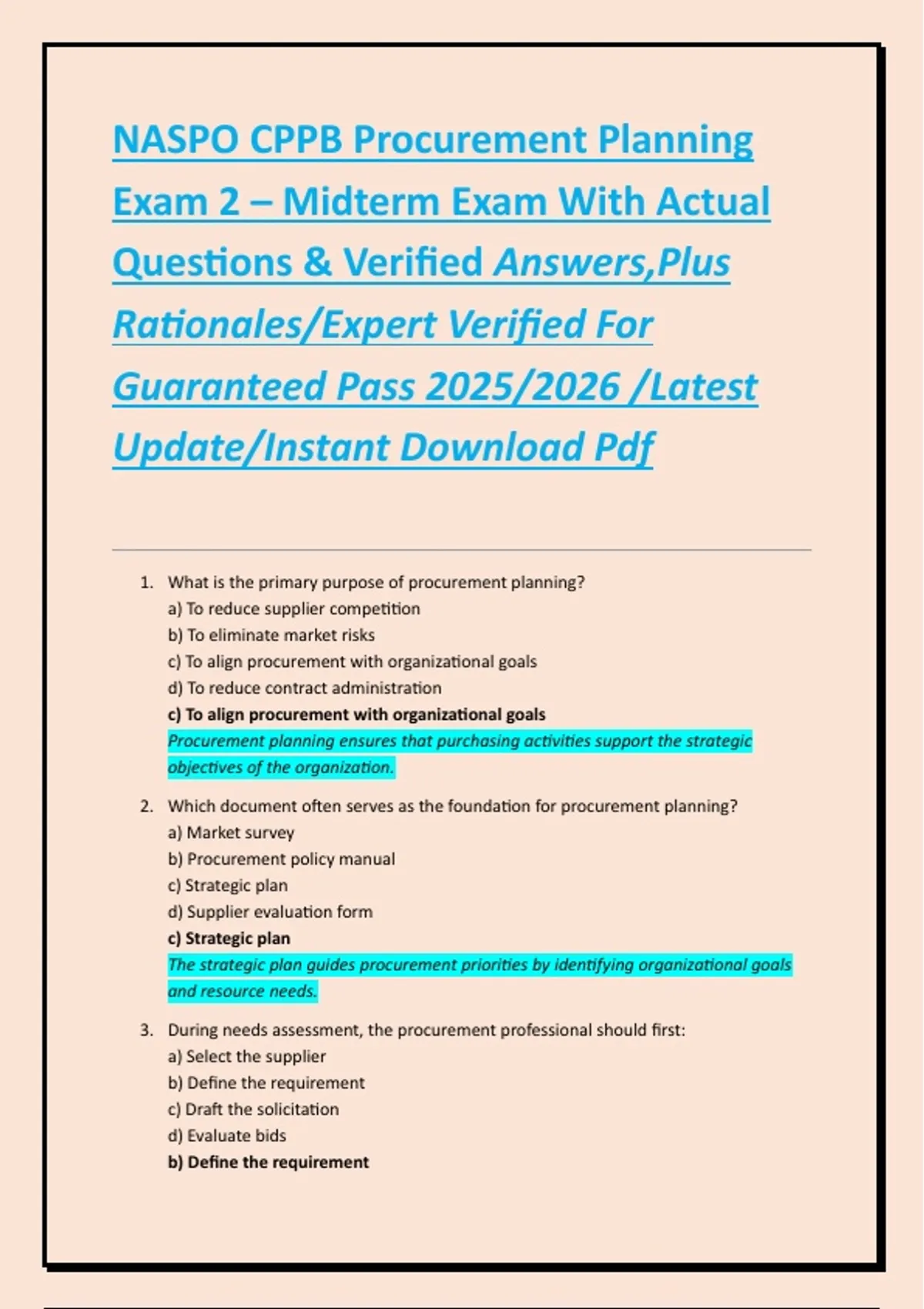 NASPO CPPB Procurement Planning Exam 2 – Midterm Exam With Actual ...