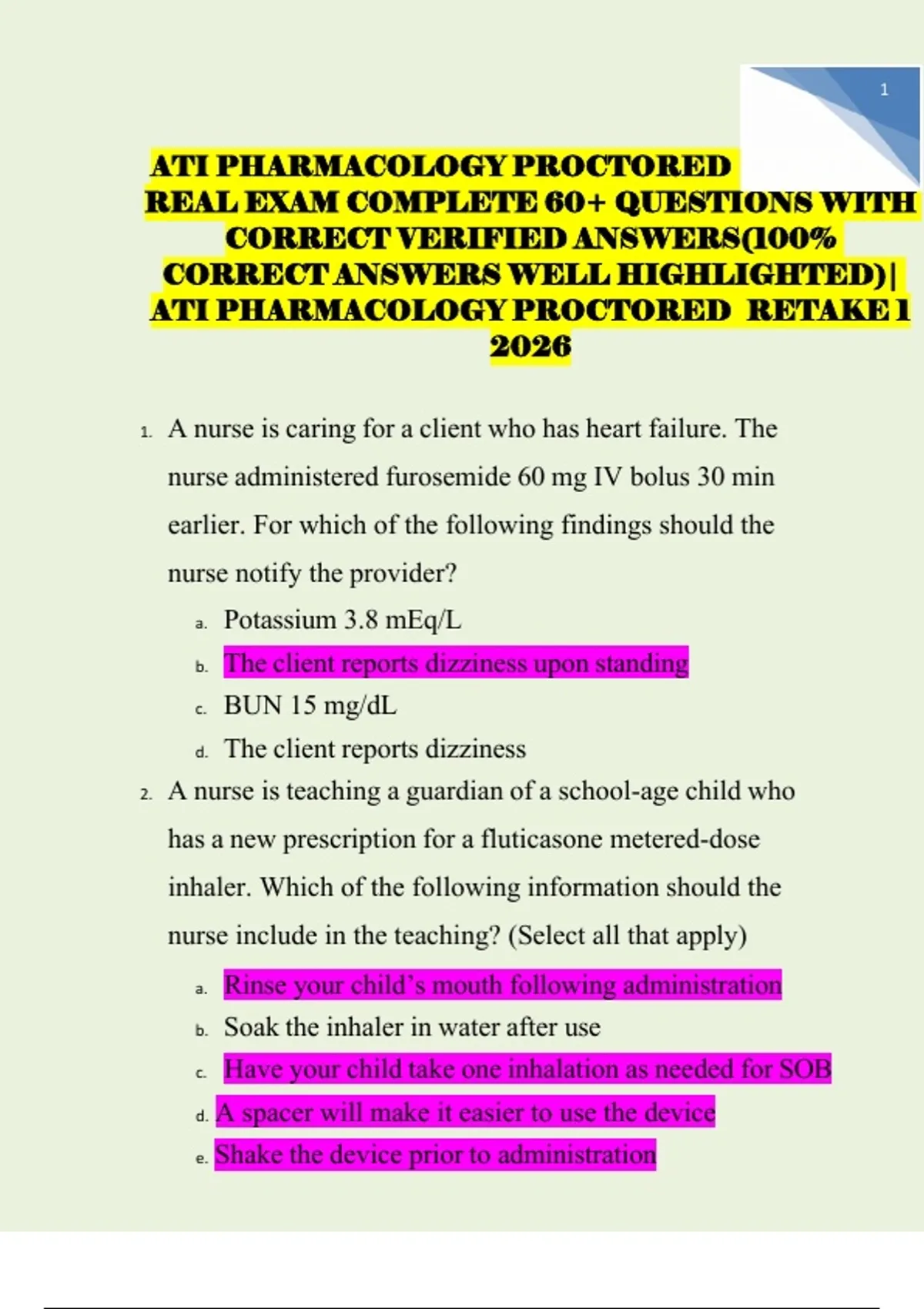 ATI PHARMACOLOGY PROCTORED RETAKE 1 REAL EXAM COMPLETE 60+ QUESTIONS ...