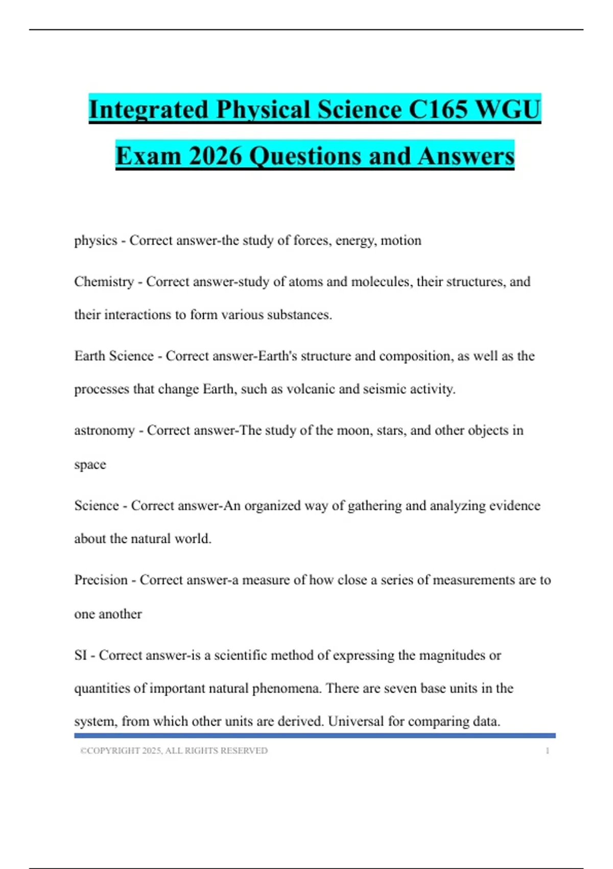 Integrated Physical Science C165 WGU Exam 2026 Questions and Answers ...