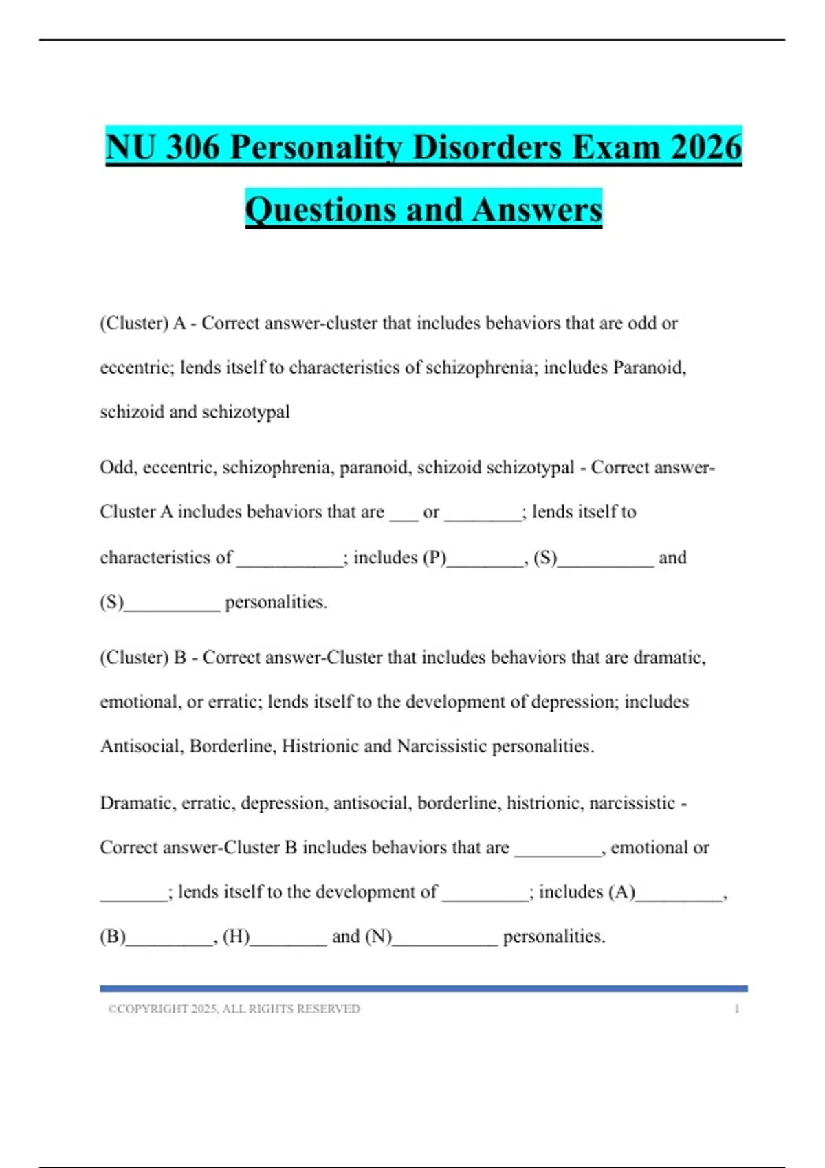 NU 306 Personality Disorders Exam 2026 Questions and Answers - NU 306 ...