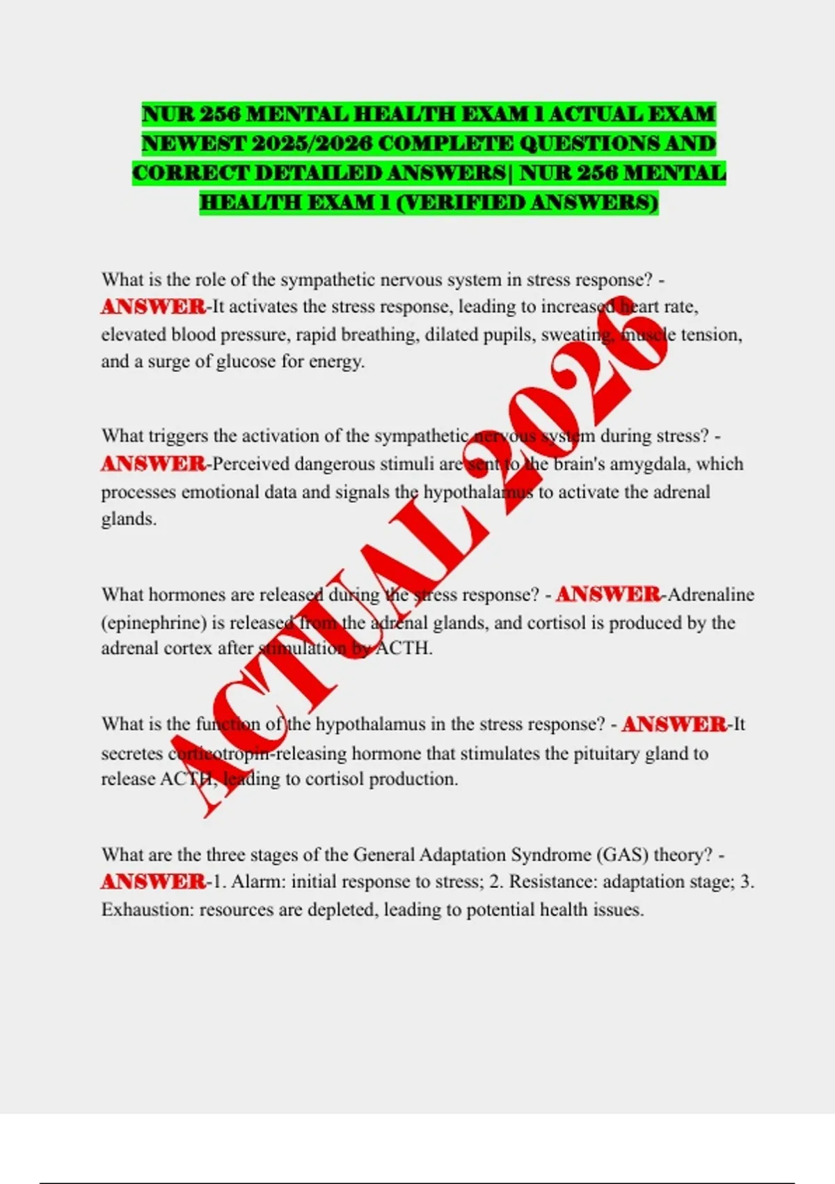 NUR 256 MENTAL HEALTH EXAM 1 ACTUAL EXAM NEWEST 2025/2026 COMPLETE ...