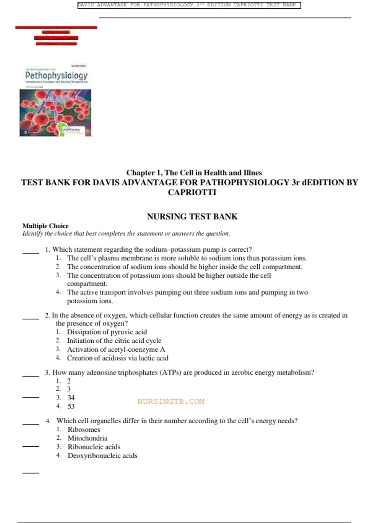 TEST BANK For Davis Advantage for Pathophysiology Introductory Concepts