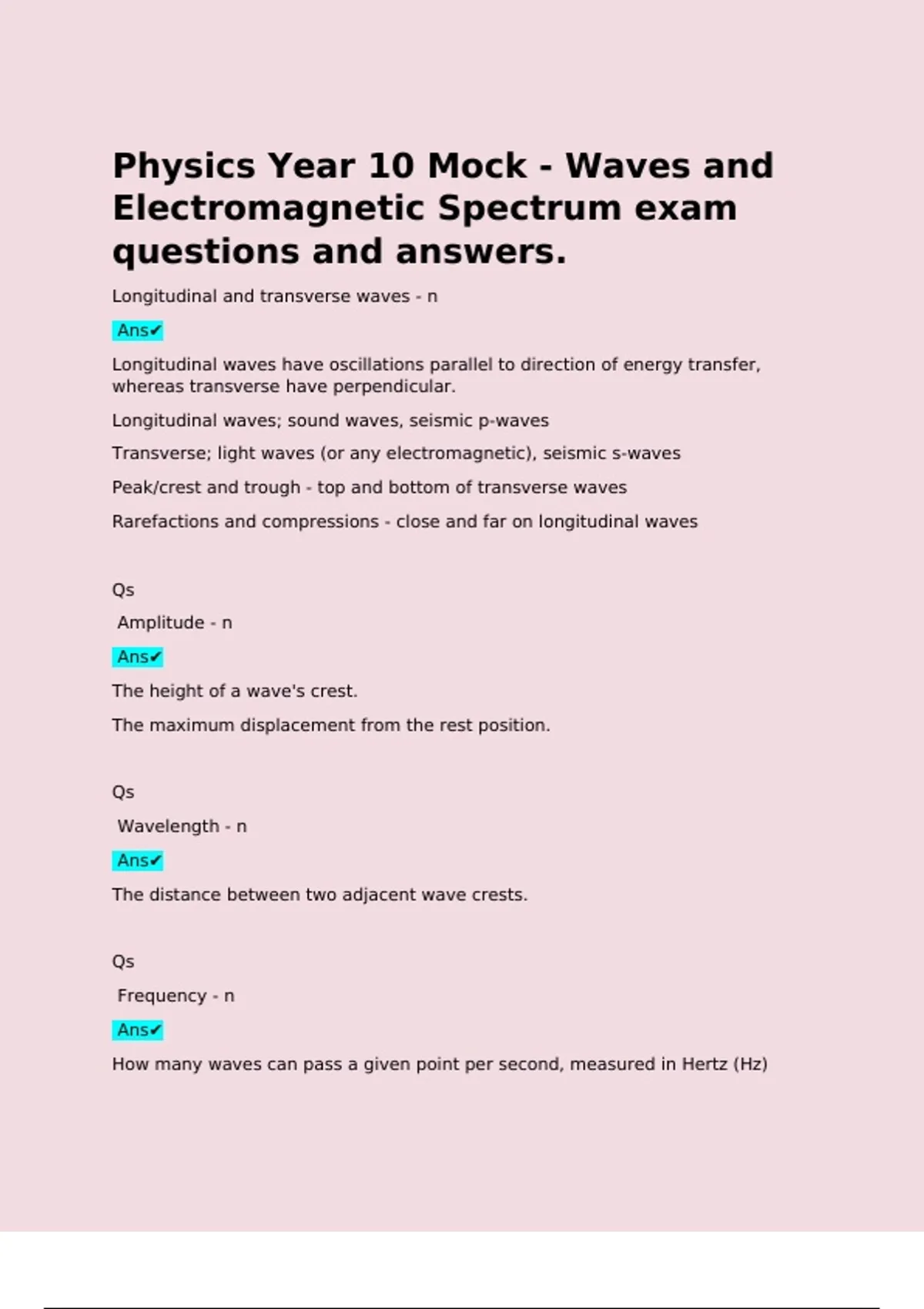 Physics Year 10 Mock - Waves and Electromagnetic Spectrum exam ...
