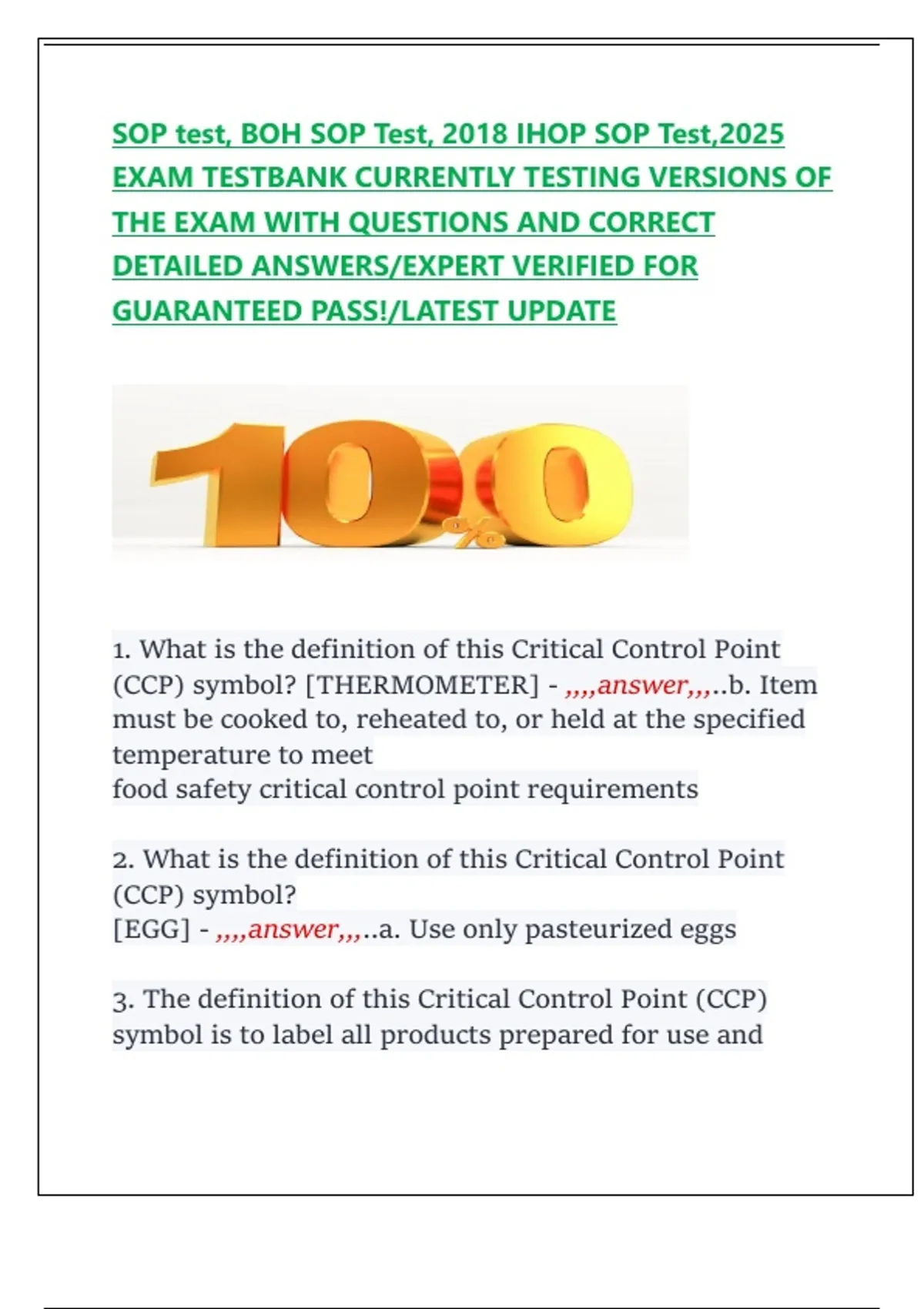 Sopd Test Math Questions SOP test, BOH SOP Test, 2018 IHOP SOP Test,2025 EXAM TESTBANK CURRENTLY ...