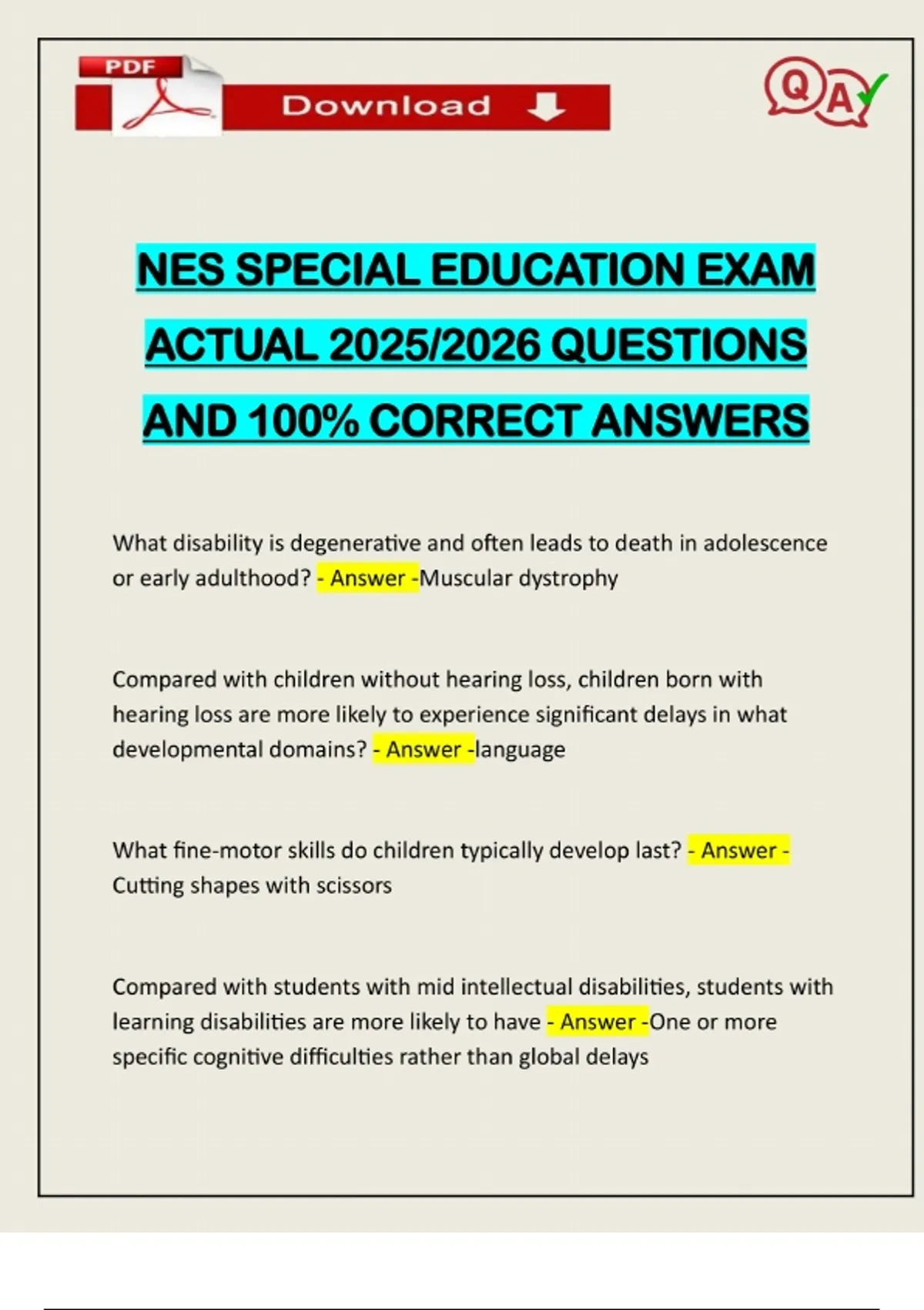 NES SPECIAL EDUCATION EXAM ACTUAL 2025/2026 QUESTIONS AND 100% CORRECT ...