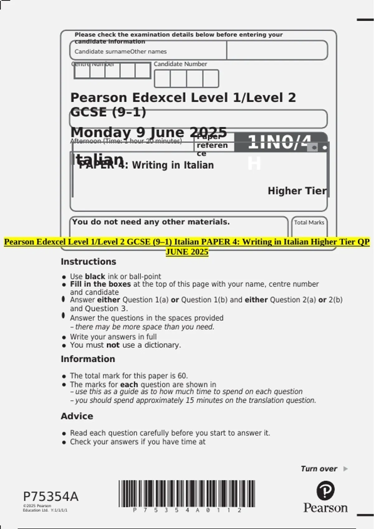 Pearson Edexcel Level 1/Level 2 GCSE (9–1) Italian PAPER 4: Writing in ...