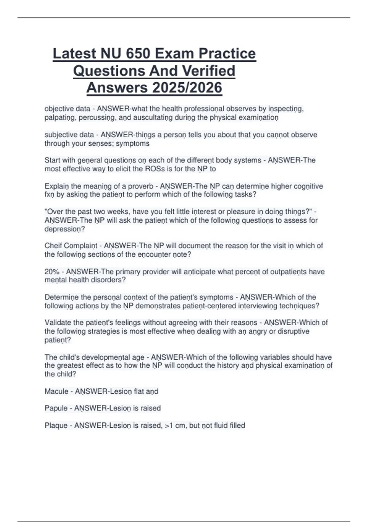Latest NU 650 Exam Practice Questions And Verified Answers 2025/2026 ...