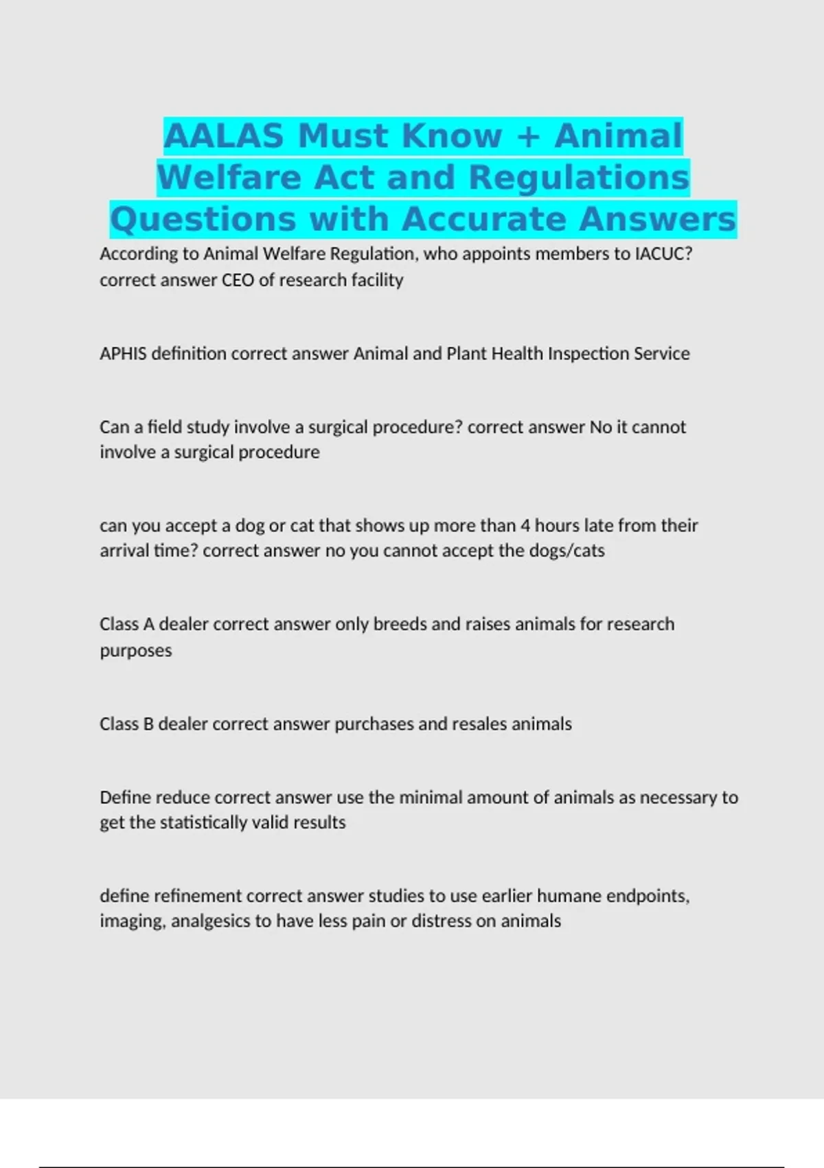 AALAS Must Know + Animal Welfare Act and Regulations Questions with ...
