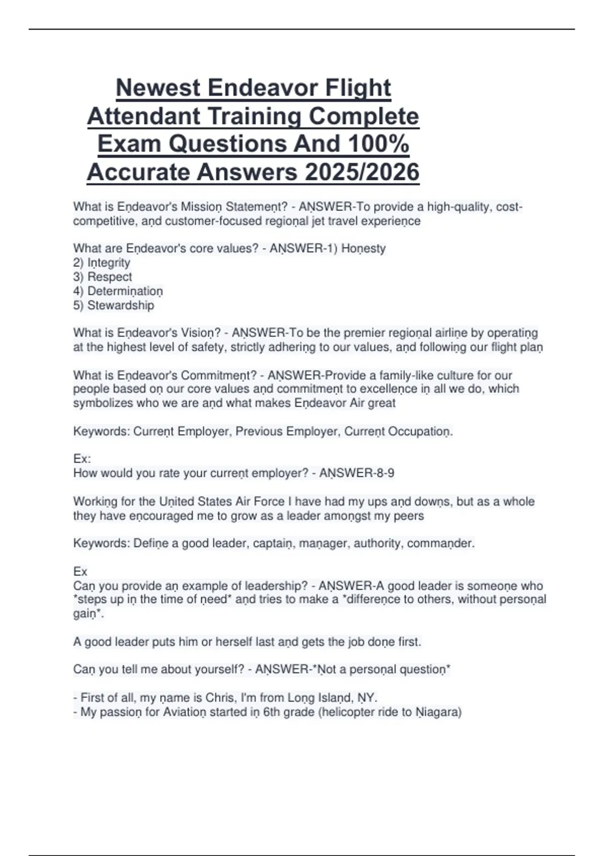 Newest Endeavor Flight Attendant Training Complete Exam Questions And 100% Accurate Answers 2025 ...