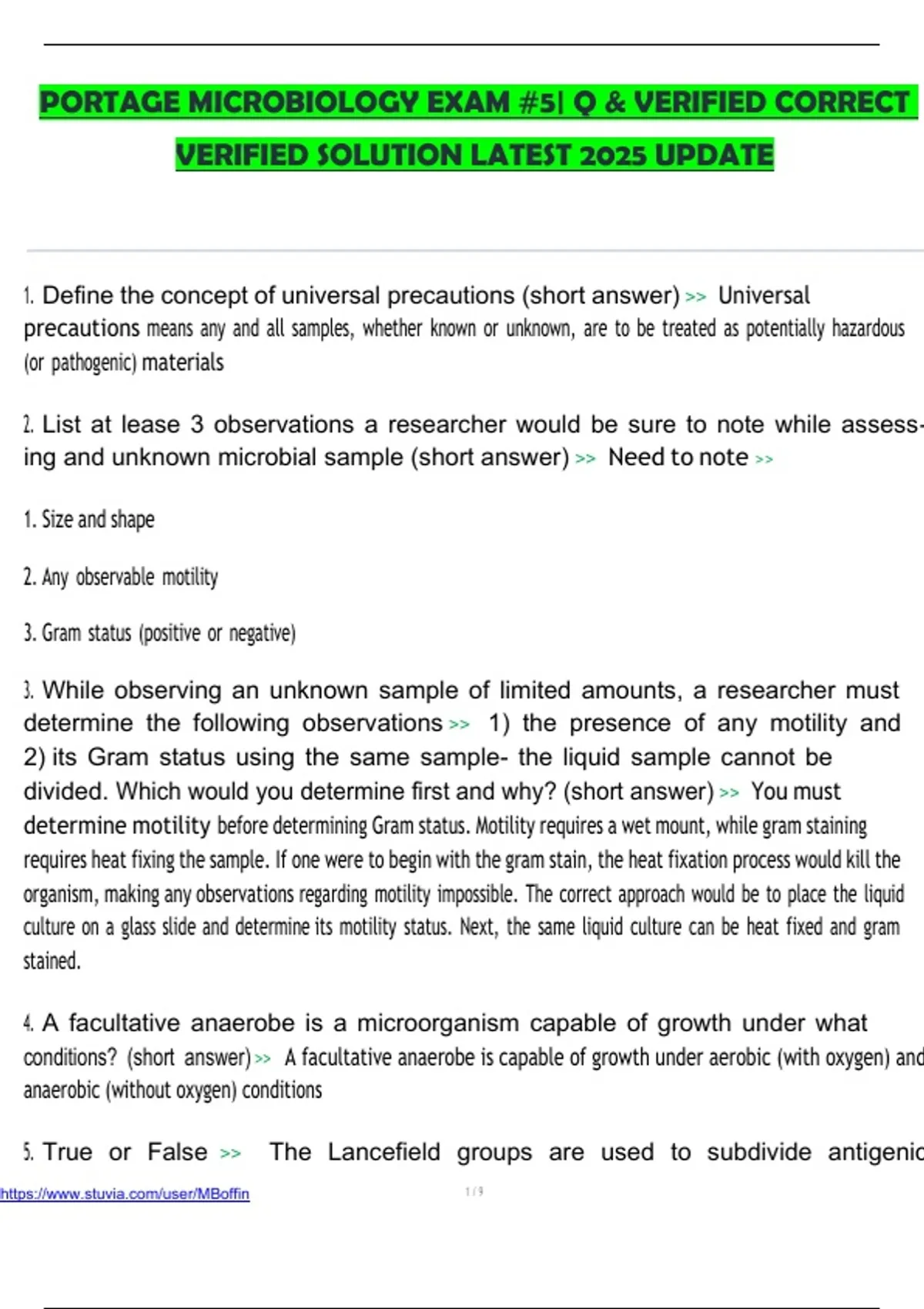 PORTAGE MICROBIOLOGY EXAM #5| Q & VERIFIED CORRECT VERIFIED SOLUTION ...