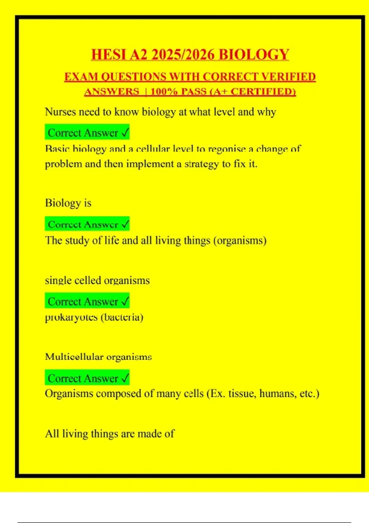 HESI A2 2025/2026 BIOLOGY EXAM QUESTIONS WITH CORRECT VERIFIED ANSWERS ...