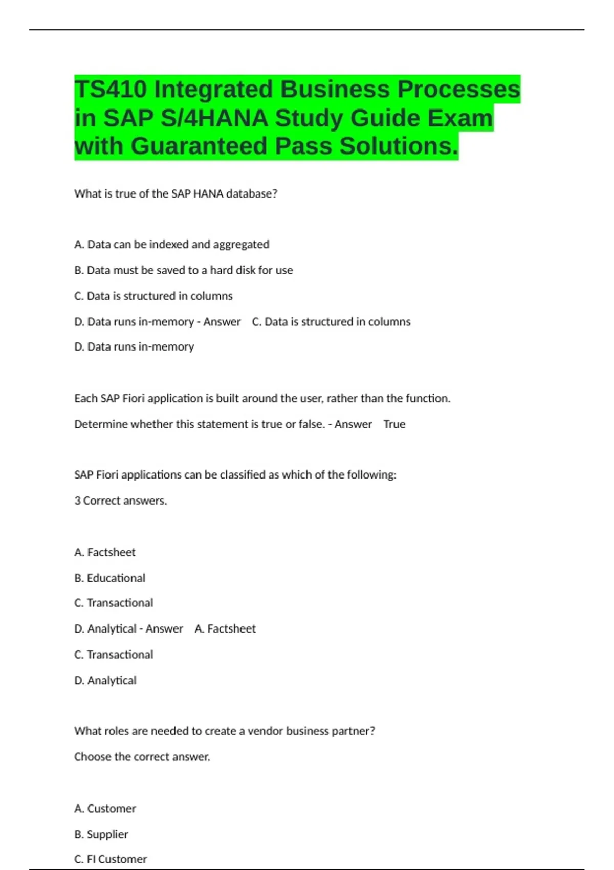 TS410 Integrated Business Processes in SAP S/4HANA Study Guide Exam ...