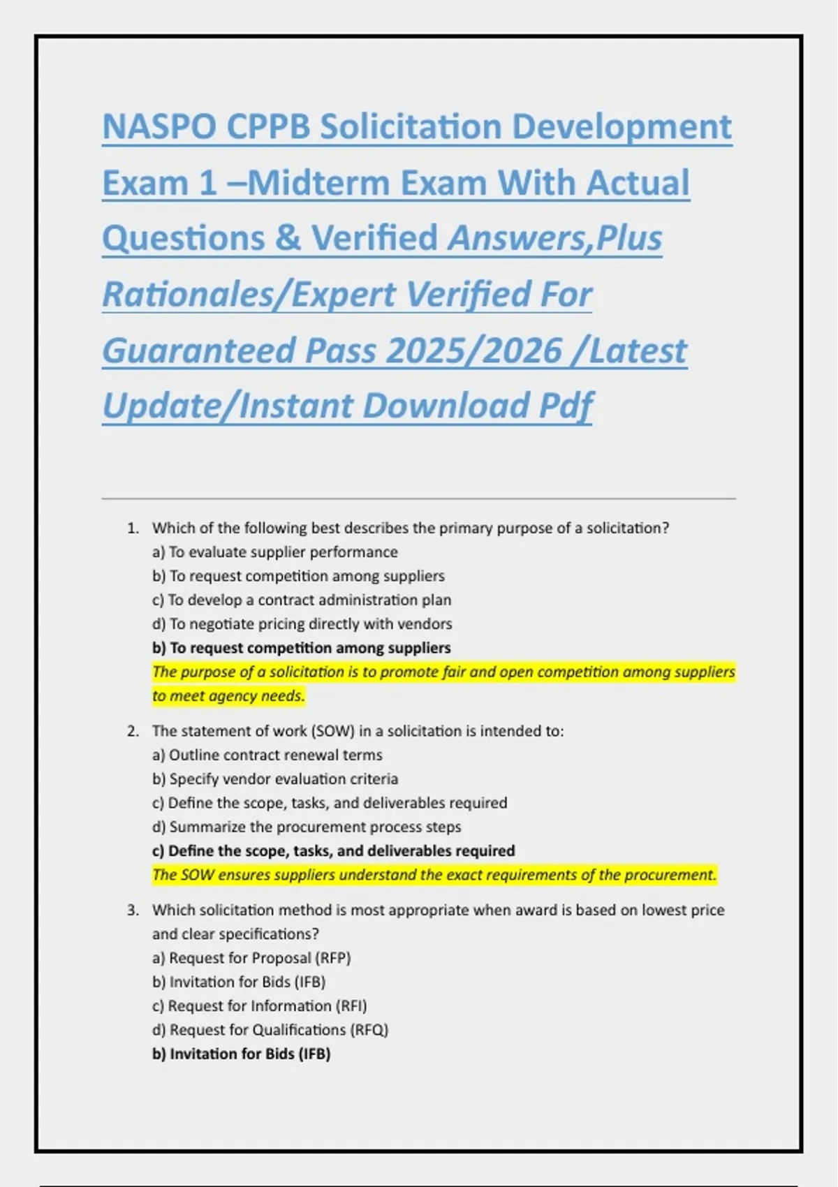 NASPO CPPB Solicitation Development Exam 1 –Midterm Exam With Actual ...