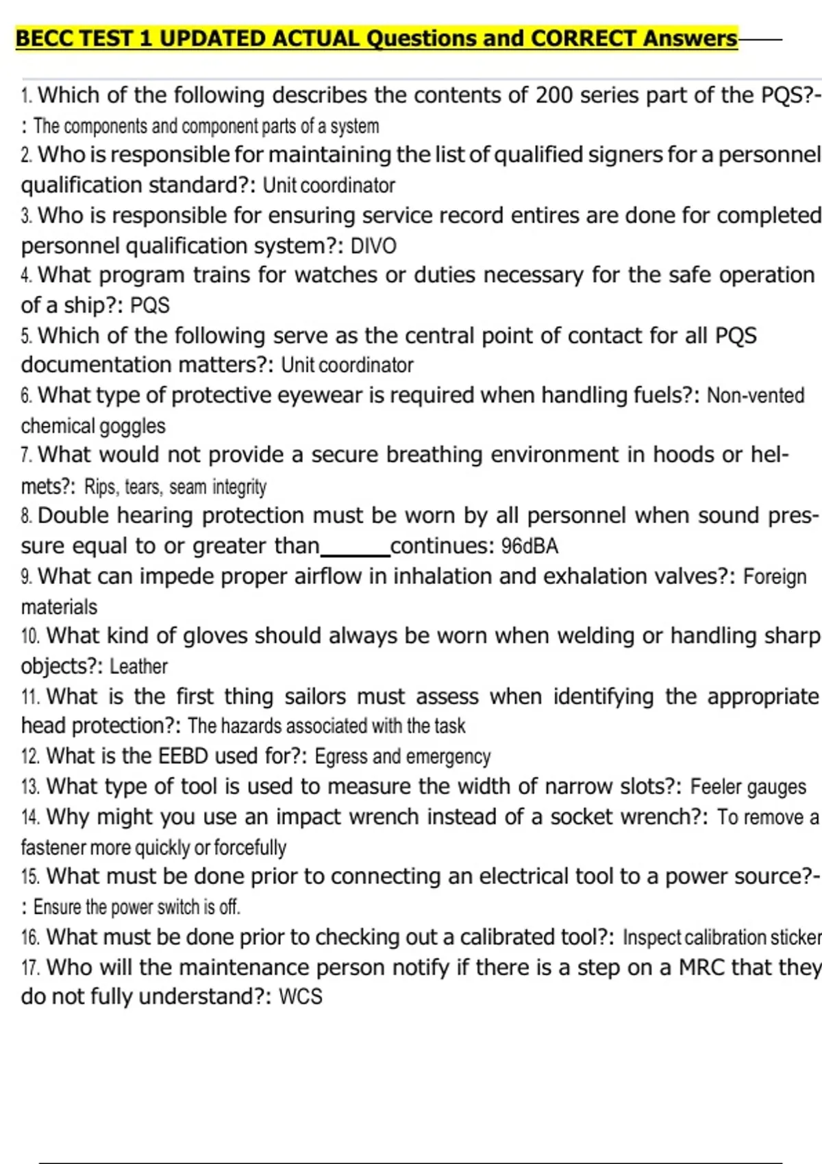 BECC TEST 1 UPDATED ACTUAL Questions and CORRECT Answers - Becc - Stuvia US